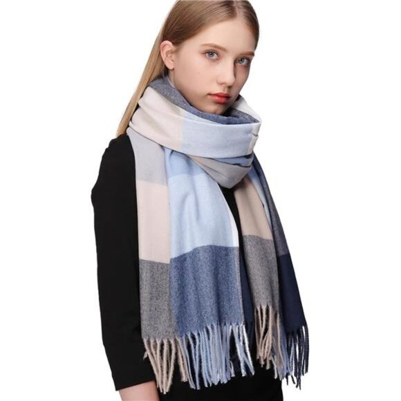 Accessories - Blue Plaid Printed Oversized Blanket Scarf Tartan Pashmina Shawl Wrap Scarves